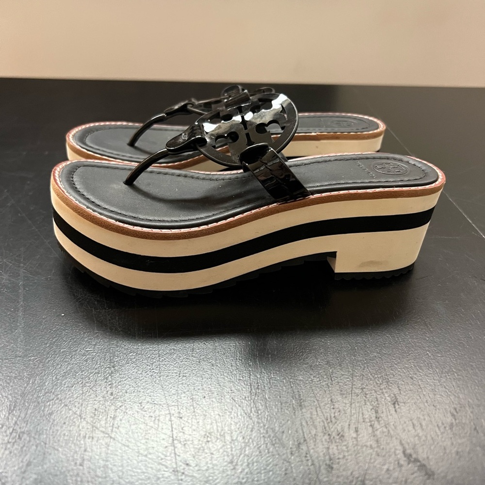 Tory Burch Black Patent Logo Platform Flip Flops